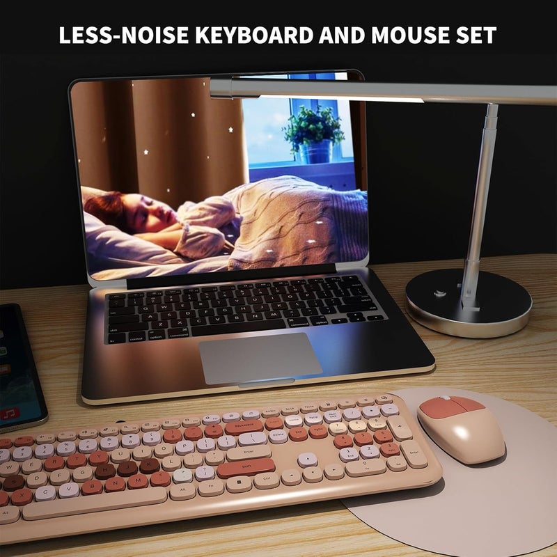SkyGive Wireless Keyboard and Mouse Combo, Colorful Ergonomic Full Size Retro Low-Noise Keyboard with Cute keycaps, Compatible with Windows, PC, Perfer for Home and Office Keyboards (Brown) - Image 5